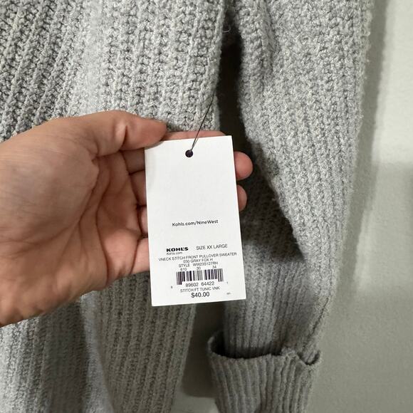 NWT Nine West XXL Sweater Gray Chunky Knit Tunic Longline V-Neck Cabincore Cozy - Picture 8 of 15